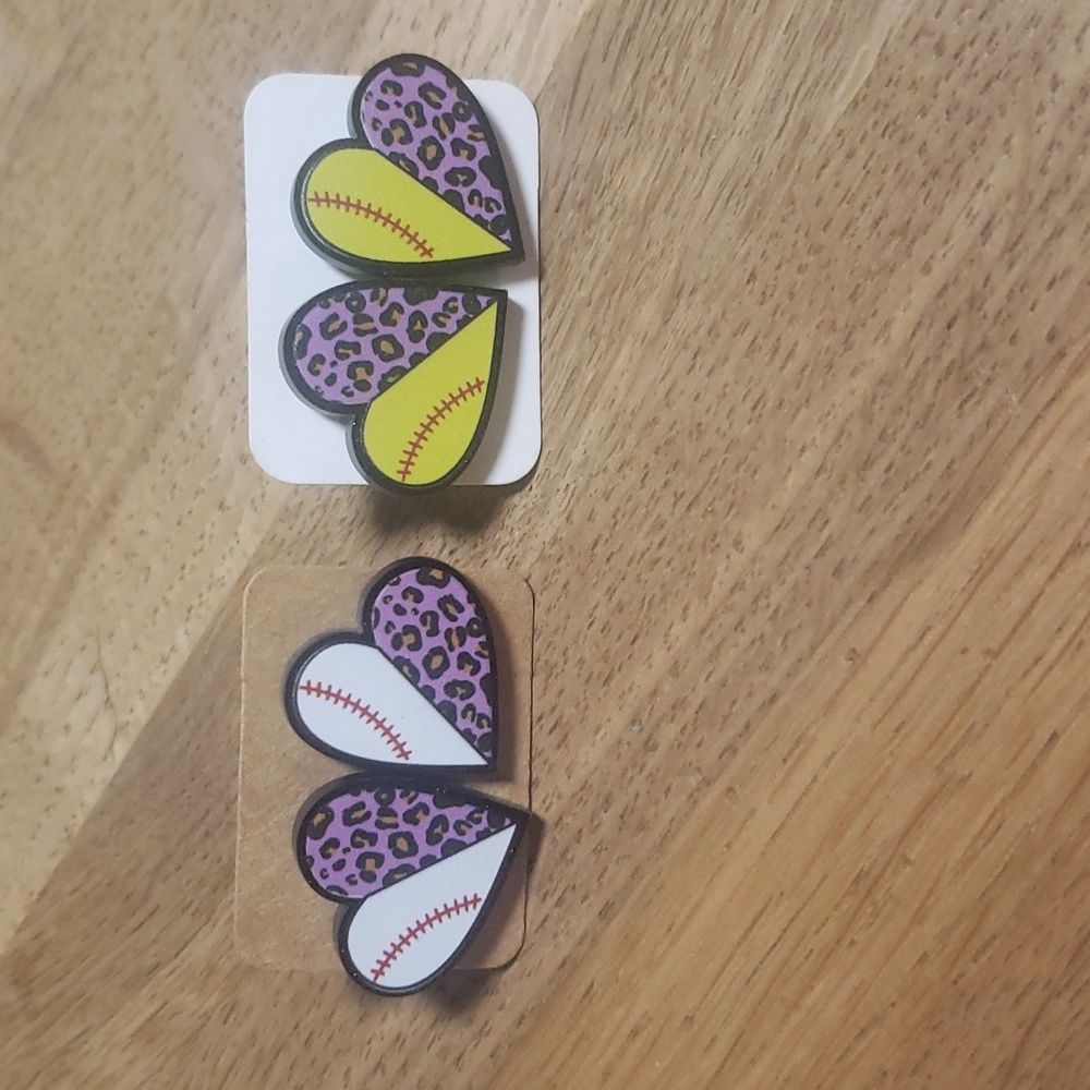 Acrylic baseball or softball and cheetah heart studs